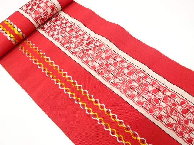 JAPANESE KIMONO / ANTIQUE BOLT FOR HASSUN OBI / WOVEN STRIPE & ABSTRACT PATTERN